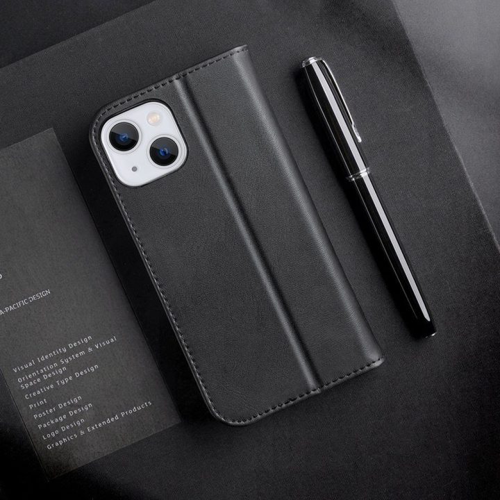 Odinis atverčiamas dangtelis Natūrali odinė piniginė kortelėms ir dokumentams iPhone 14 Plus Black