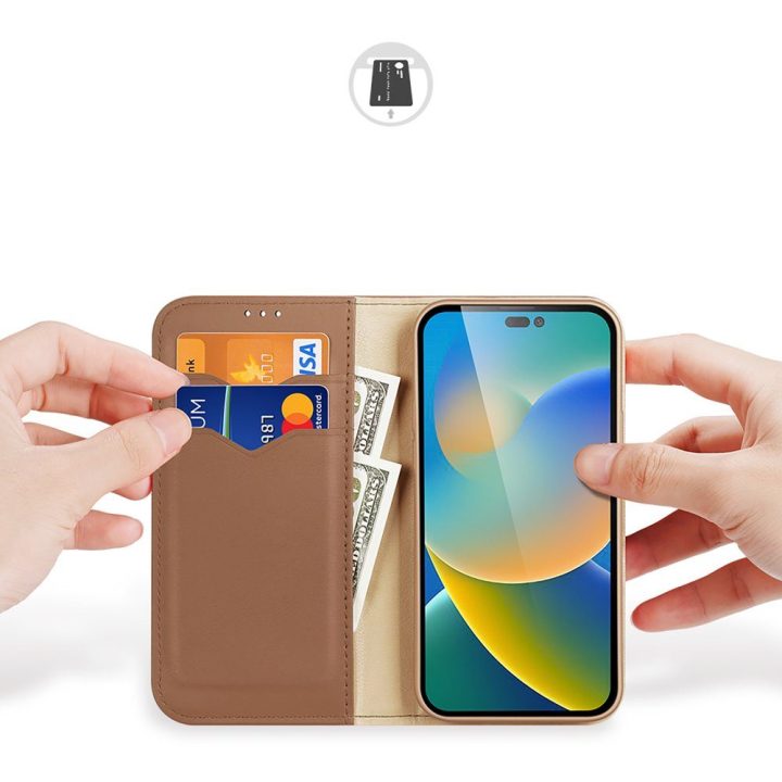 Odinis atverčiamas dangtelis Natūrali odinė piniginė kortelėms ir dokumentams iPhone 14 Pro Brown