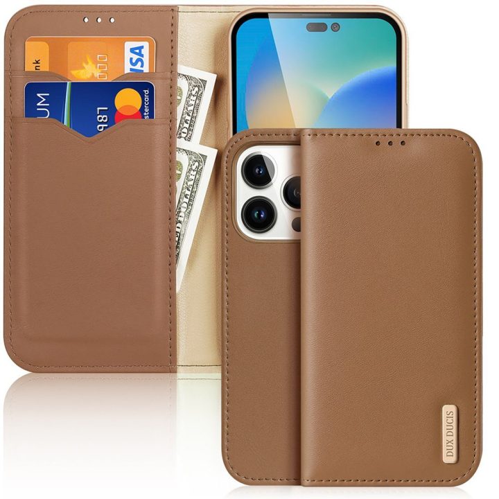 Odinis atverčiamas dangtelis Natūrali odinė piniginė kortelėms ir dokumentams iPhone 14 Pro Brown