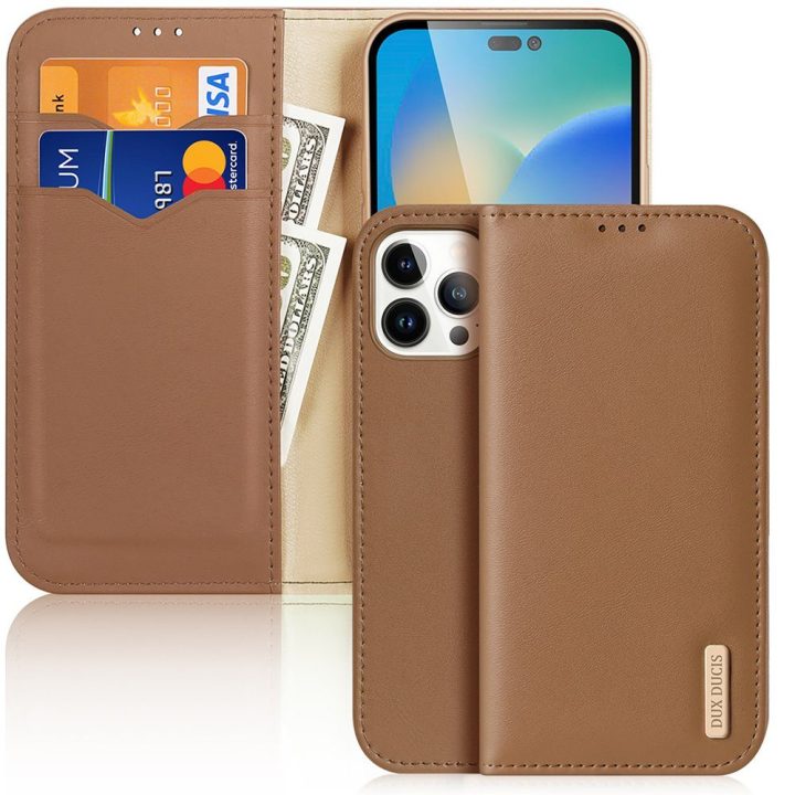 Odinis atverčiamas dangtelis Natūrali odinė piniginė kortelėms ir dokumentams iPhone 14 Pro Max Brown