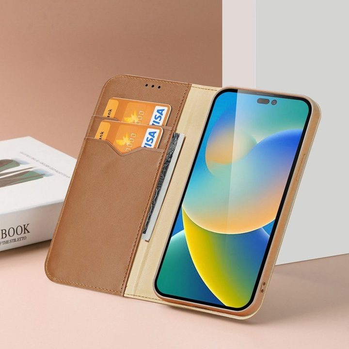 Odinis atverčiamas dangtelis Natūrali odinė piniginė kortelėms ir dokumentams iPhone 14 Pro Max Brown