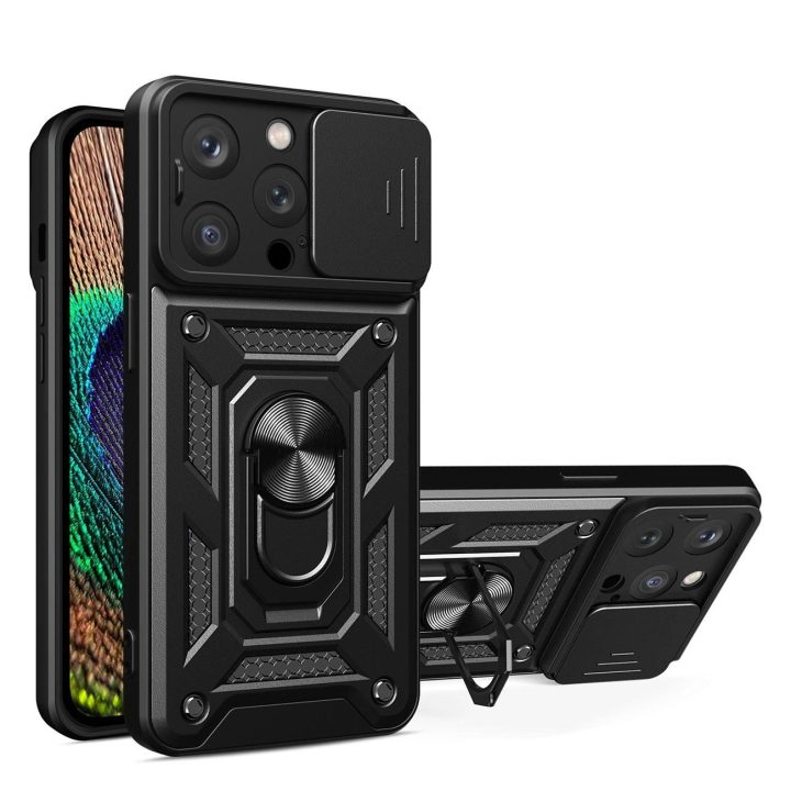 Hybrid Armor Camshield dėklas skirtas iPhone 14 Pro Max šarvuotas dėklas su fotoaparato dangteliu juodos spalvos