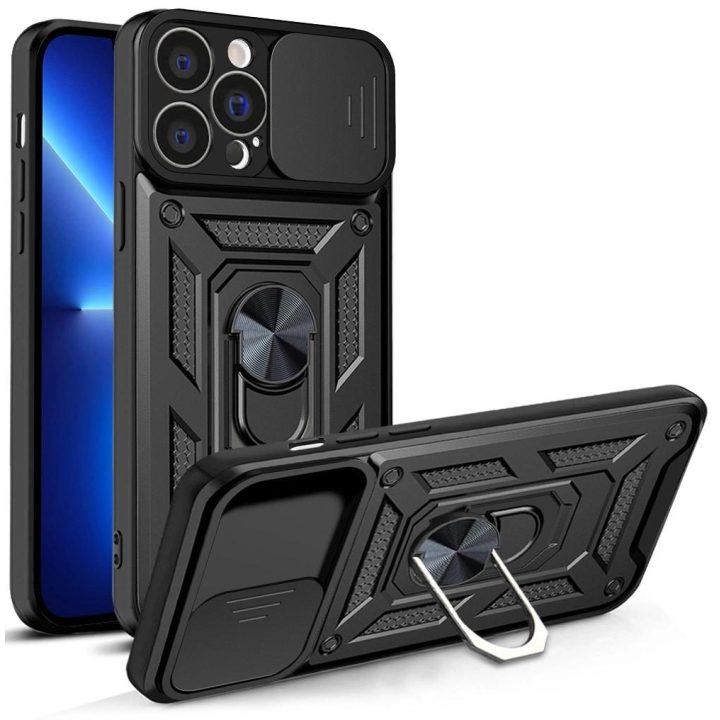 Hybrid Armor Camshield dėklas skirtas iPhone 13 Pro šarvuotas dėklas su fotoaparato dangteliu juodos spalvos