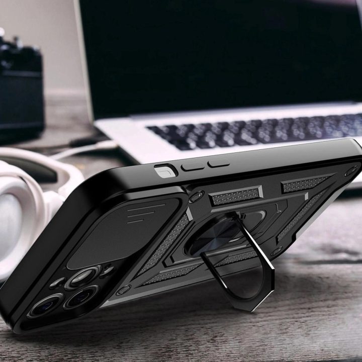 Hybrid Armor Camshield dėklas skirtas iPhone 13 Pro šarvuotas dėklas su fotoaparato dangteliu juodos spalvos