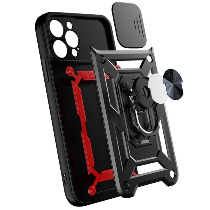 Hybrid Armor Camshield dėklas skirtas iPhone 13 Pro šarvuotas dėklas su fotoaparato dangteliu juodos spalvos