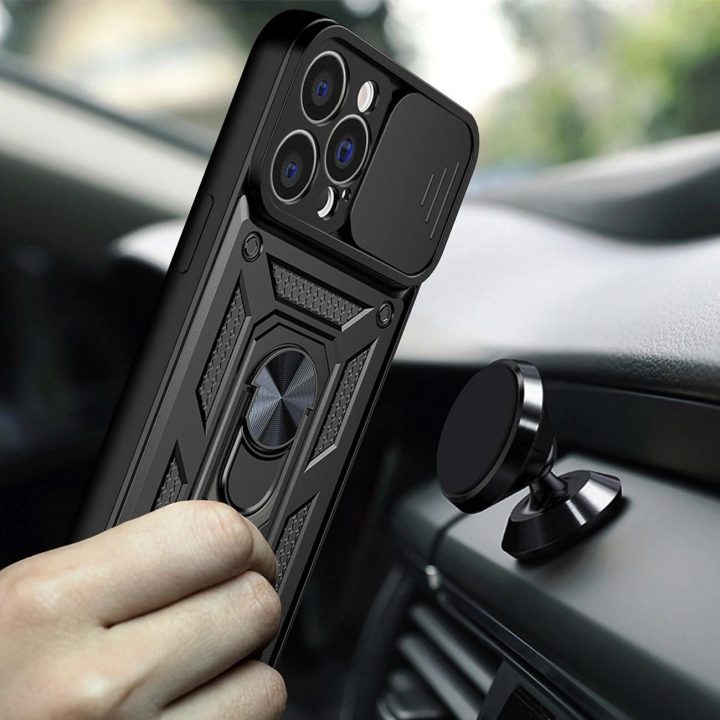 Hybrid Armor Camshield dėklas skirtas iPhone 13 Pro šarvuotas dėklas su fotoaparato dangteliu juodos spalvos