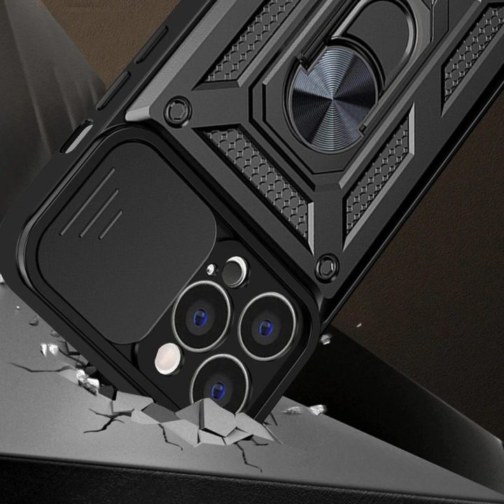 Hybrid Armor Camshield dėklas skirtas iPhone 13 Pro šarvuotas dėklas su fotoaparato dangteliu mėlynos spalvos