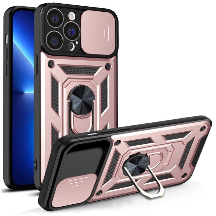 Hybrid Armor Camshield dėklas, skirtas iPhone 13 Pro šarvuotas dėklas su fotoaparato dangteliu rožinės spalvos