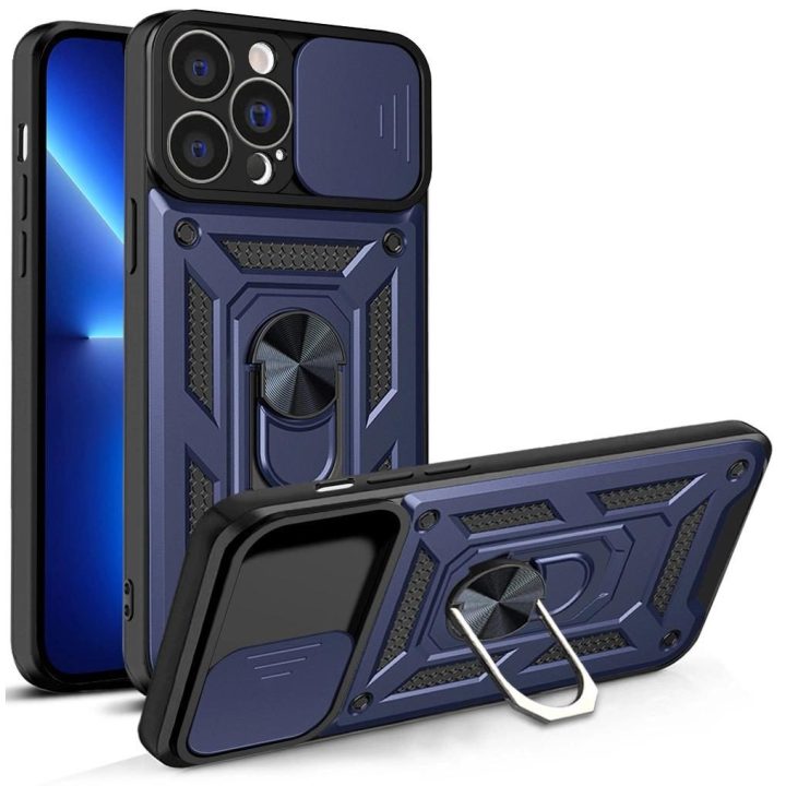 Hybrid Armor Camshield dėklas skirtas iPhone 13 Pro Max šarvuotas dėklas su fotoaparato dangteliu mėlynos spalvos