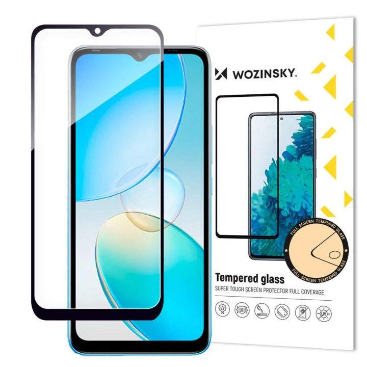 Full Glue Infinix Hot 12i viso ekrano grūdintas stiklas su juodu rėmeliu (tinka dėklui)