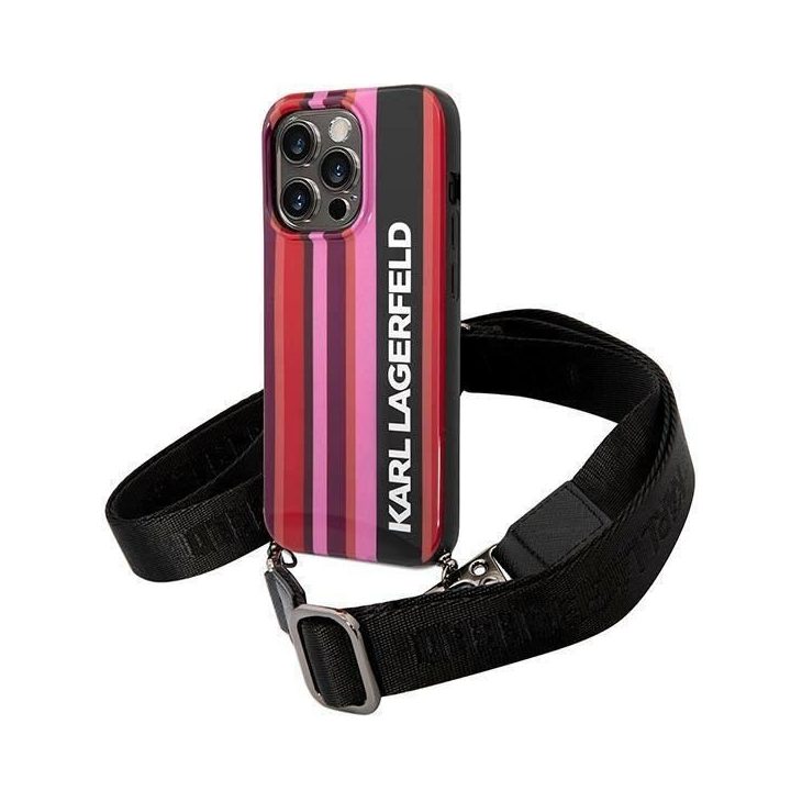 Karl Lagerfeld KLHCP14LSTSTP iPhone 14 Pro 6,1 kietas dėklas, raudonas / rausvas spalvos juostelių
