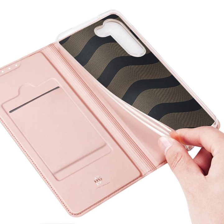 Skin Pro dėklas, skirtas Samsung Galaxy S23+ atverčiamas dangtelis kortelių piniginės stovas rožinis