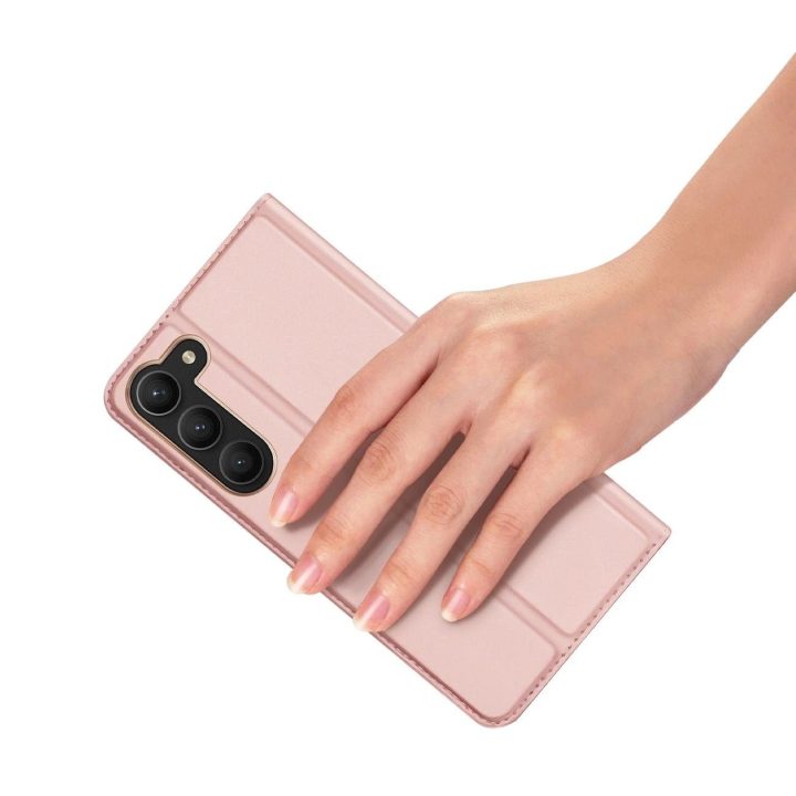 Skin Pro dėklas, skirtas Samsung Galaxy S23+ atverčiamas dangtelis kortelių piniginės stovas rožinis