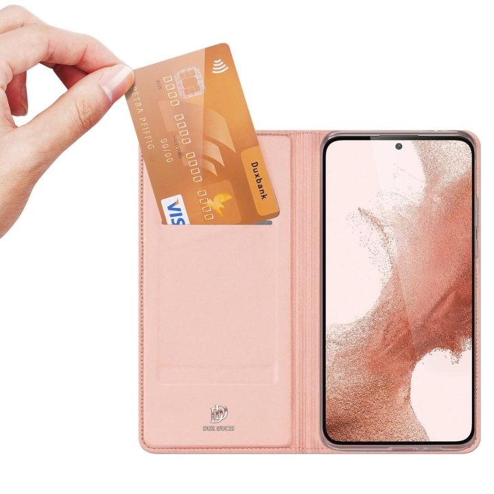 Skin Pro dėklas, skirtas Samsung Galaxy S23+ atverčiamas dangtelis kortelių piniginės stovas rožinis