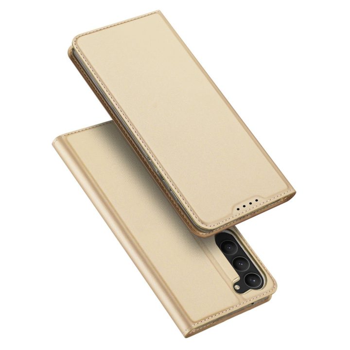 Skin Pro“ dėklas, skirtas Samsung Galaxy S23+ Flip Card“ piniginės stovas, auksinis