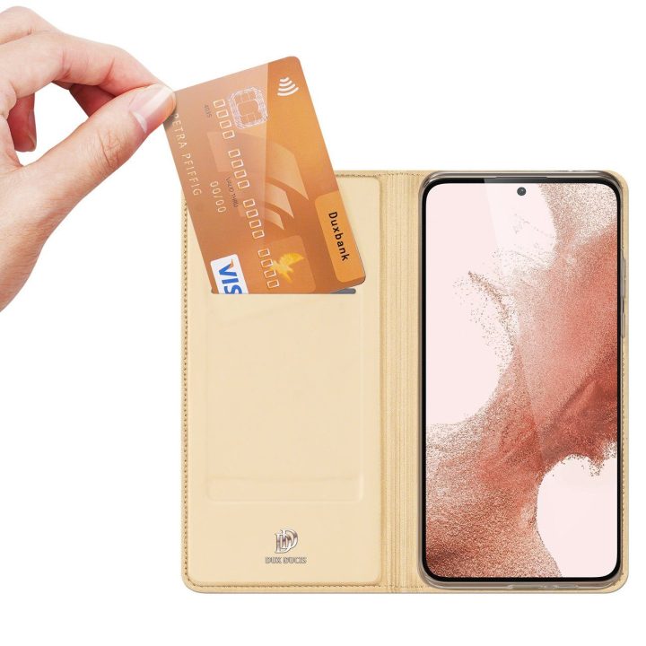 Skin Pro“ dėklas, skirtas Samsung Galaxy S23+ Flip Card“ piniginės stovas, auksinis