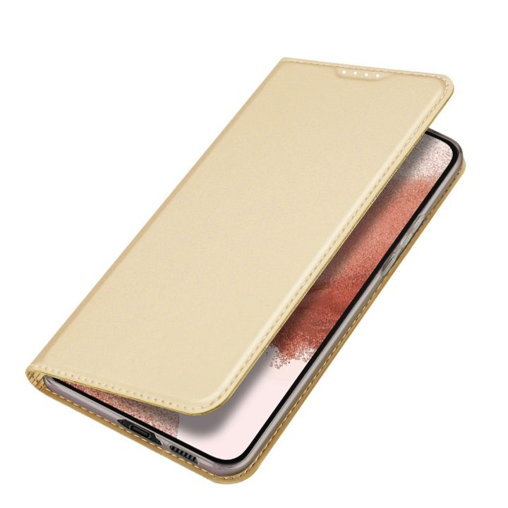 Skin Pro“ dėklas, skirtas Samsung Galaxy S23+ Flip Card“ piniginės stovas, auksinis
