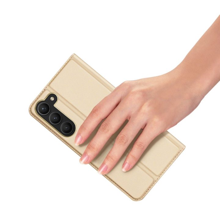 Skin Pro“ dėklas, skirtas Samsung Galaxy S23+ Flip Card“ piniginės stovas, auksinis