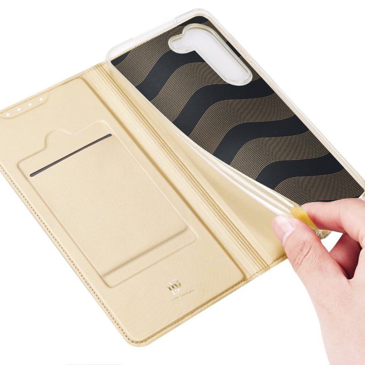 Skin Pro“ dėklas, skirtas Samsung Galaxy S23+ Flip Card“ piniginės stovas, auksinis