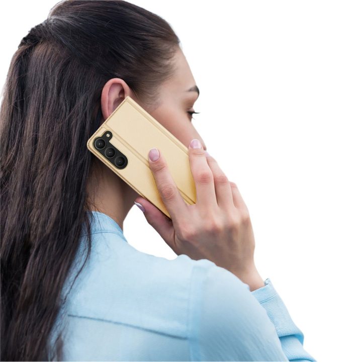Skin Pro“ dėklas, skirtas Samsung Galaxy S23+ Flip Card“ piniginės stovas, auksinis