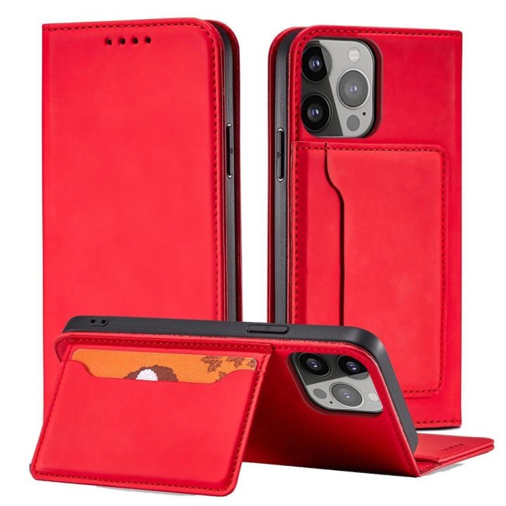 Magnetinės kortelės dėklas, skirtas Samsung Galaxy S23 atverčiamas piniginės stovas raudonas