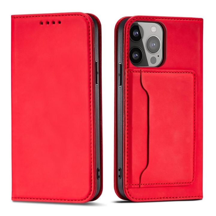 Magnet Card Case dėklas, skirtas Samsung Galaxy S23+ atverčiamas dangtelis piniginės stovas raudonas