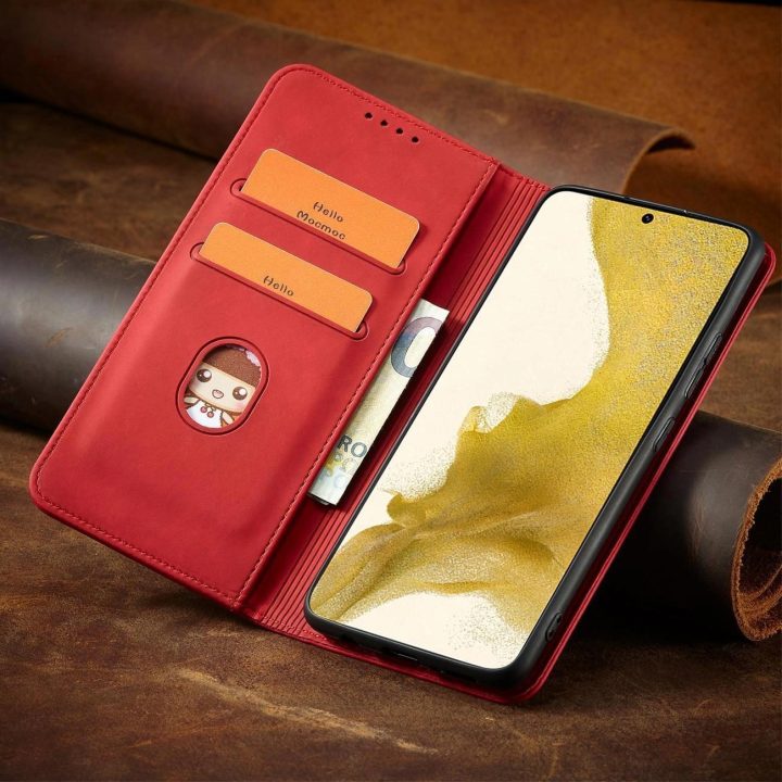 Magnetinis Fancy Dėklas, skirtas Samsung Galaxy S23+ atverčiamas dangtelis piniginės stovas raudonas