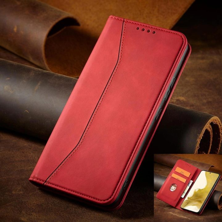 Magnetinis Fancy Dėklas, skirtas Samsung Galaxy S23+ atverčiamas dangtelis piniginės stovas raudonas