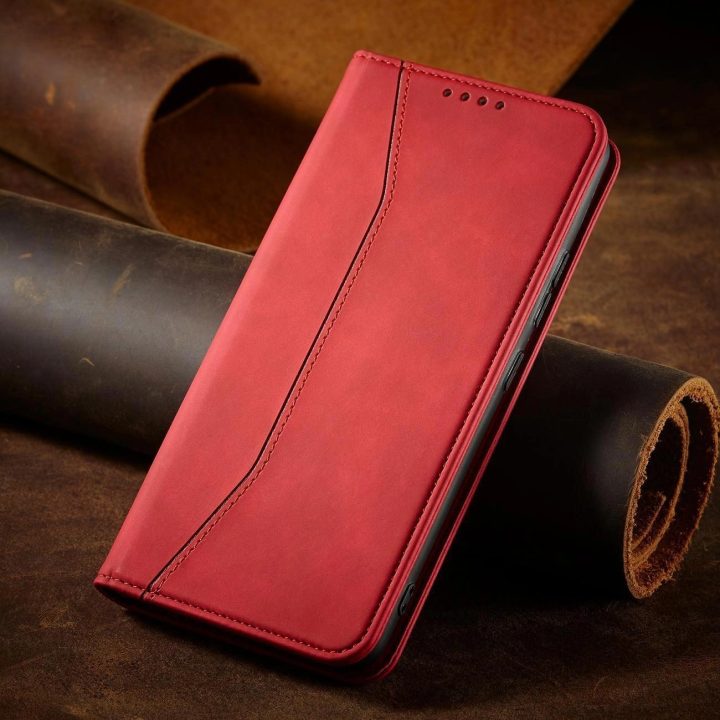 Magnetinis Fancy Dėklas, skirtas Samsung Galaxy S23+ atverčiamas dangtelis piniginės stovas raudonas