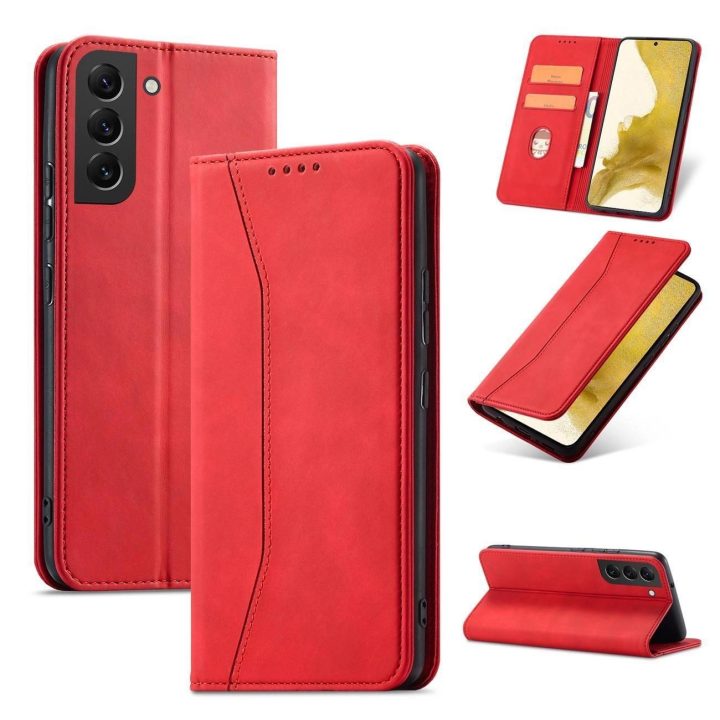 Magnetinis Fancy Dėklas, skirtas Samsung Galaxy S23+ atverčiamas dangtelis piniginės stovas raudonas