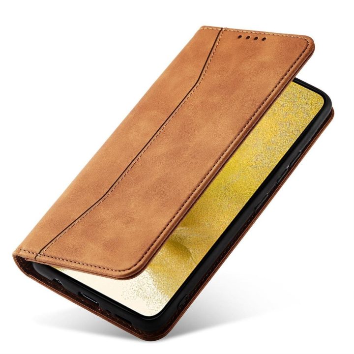 Magnetinis Fancy Dėklas, skirtas Samsung Galaxy S23+ atverčiamas dangtelis piniginės stovas rudas