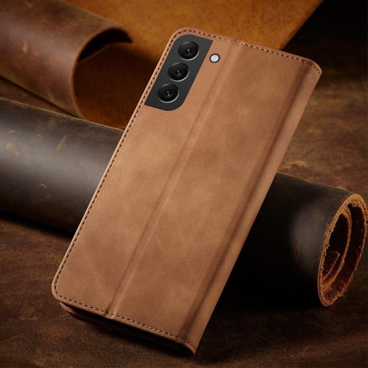 Magnetinis Fancy Dėklas, skirtas Samsung Galaxy S23+ atverčiamas dangtelis piniginės stovas rudas