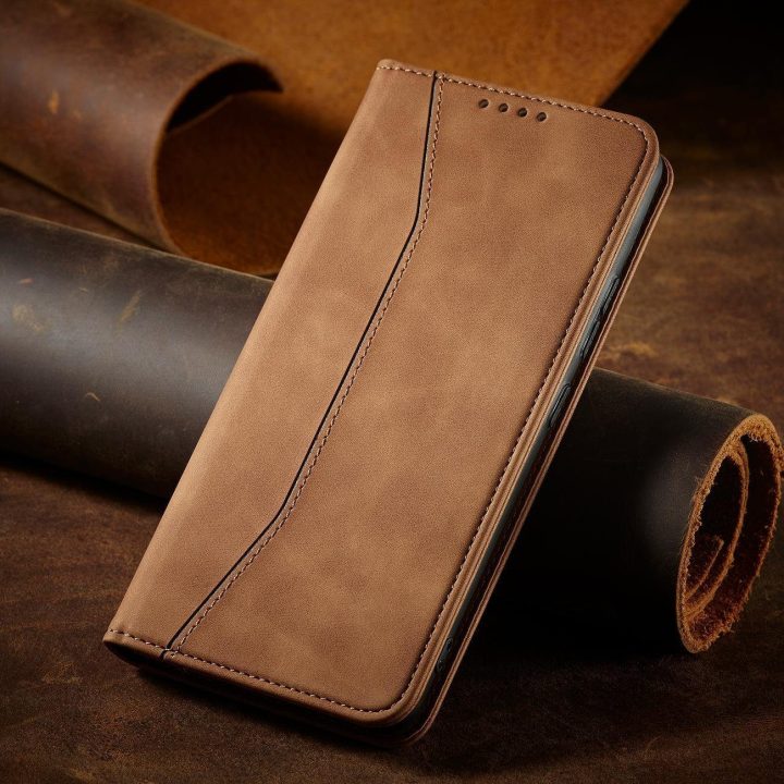Magnetinis Fancy Dėklas, skirtas Samsung Galaxy S23+ atverčiamas dangtelis piniginės stovas rudas