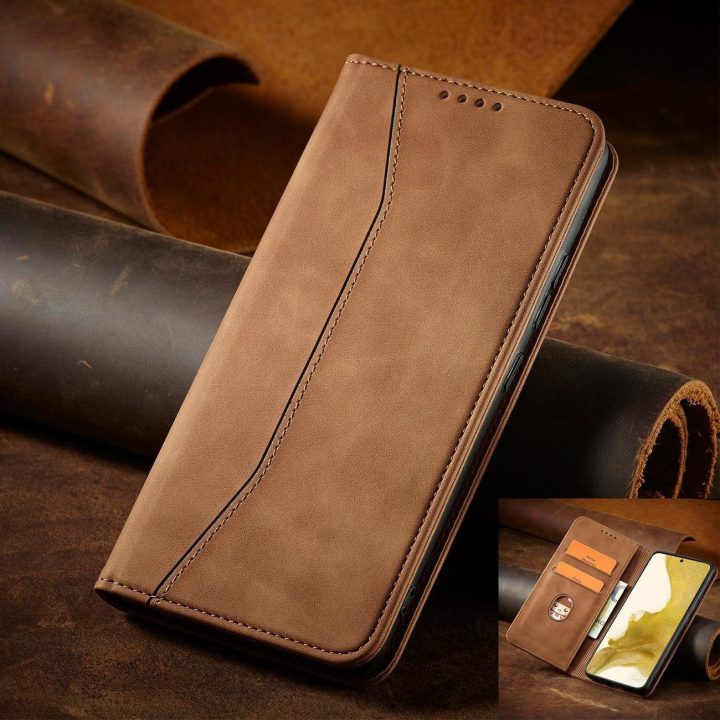 Magnetinis Fancy Dėklas, skirtas Samsung Galaxy S23+ atverčiamas dangtelis piniginės stovas rudas