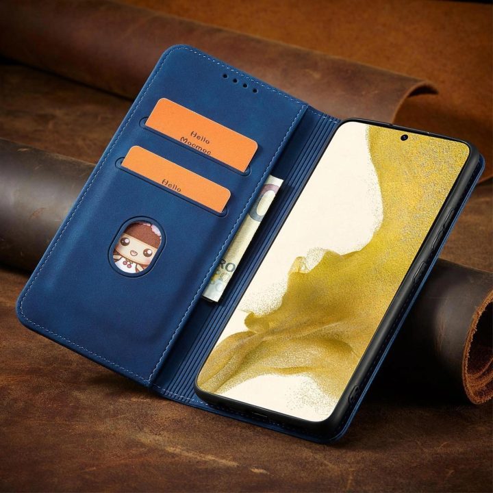 Magnetinis puošnus dėklas, skirtas Samsung Galaxy S23 Ultra Cover su apverčiamu piniginės stovu mėlynai
