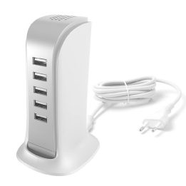 5x USB įkroviklis su įmontuotu ES maitinimo kabeliu, baltos spalvos (A5EU)