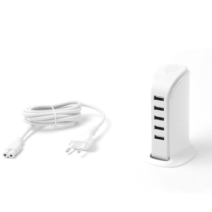 5x USB įkroviklis su įmontuotu ES maitinimo kabeliu, baltos spalvos (A5EU)