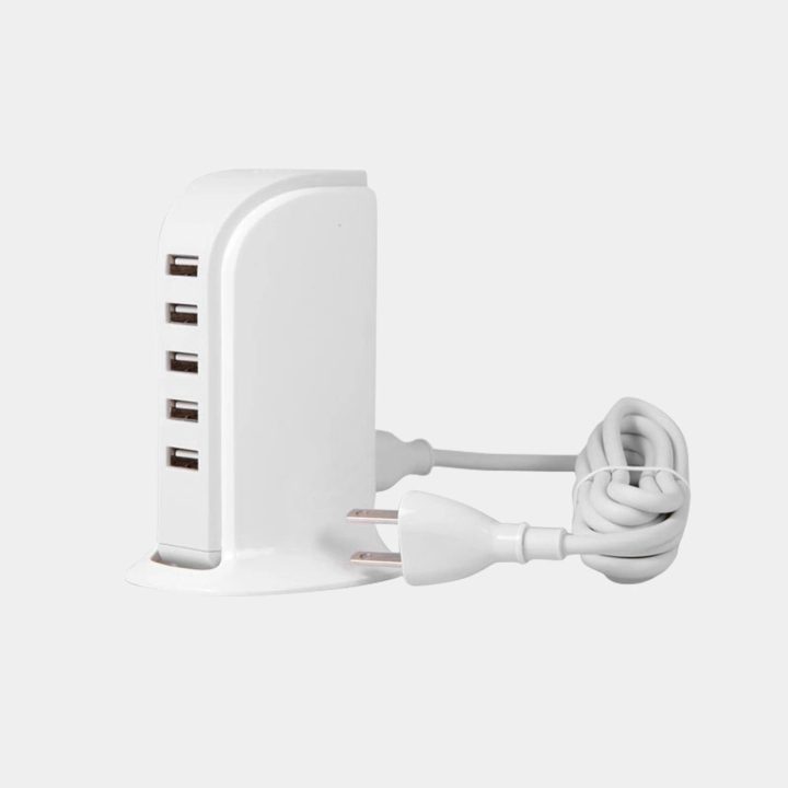 5x USB įkroviklis su įmontuotu ES maitinimo kabeliu, baltos spalvos (A5EU)