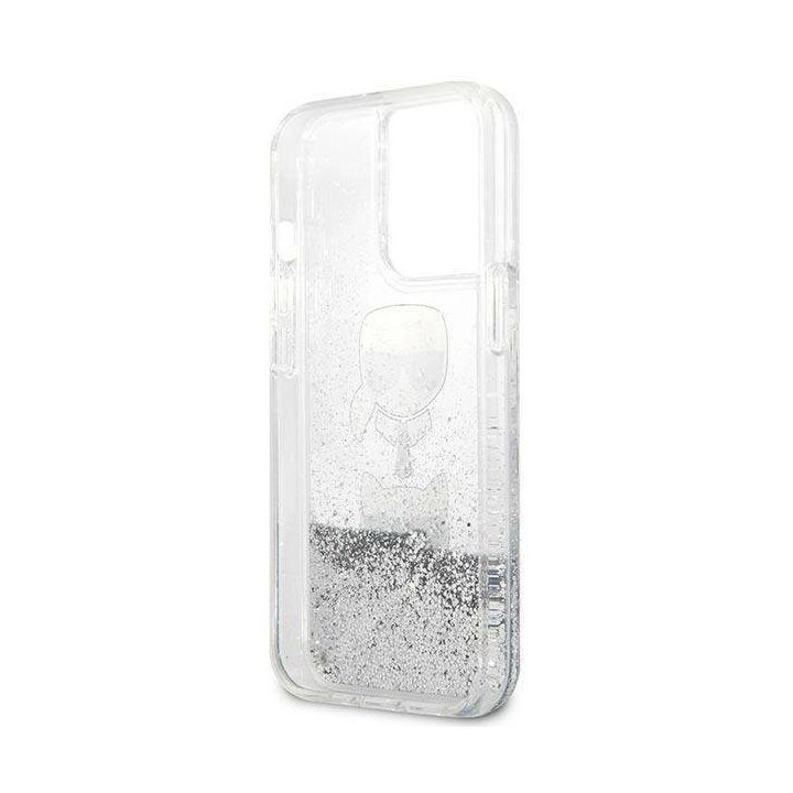 Karl Lagerfeld KLHCP13XKICGLS iPhone 13 Pro Max 6,7 sidabrinis deklas Liquid Glitter Karl&Choupette Head