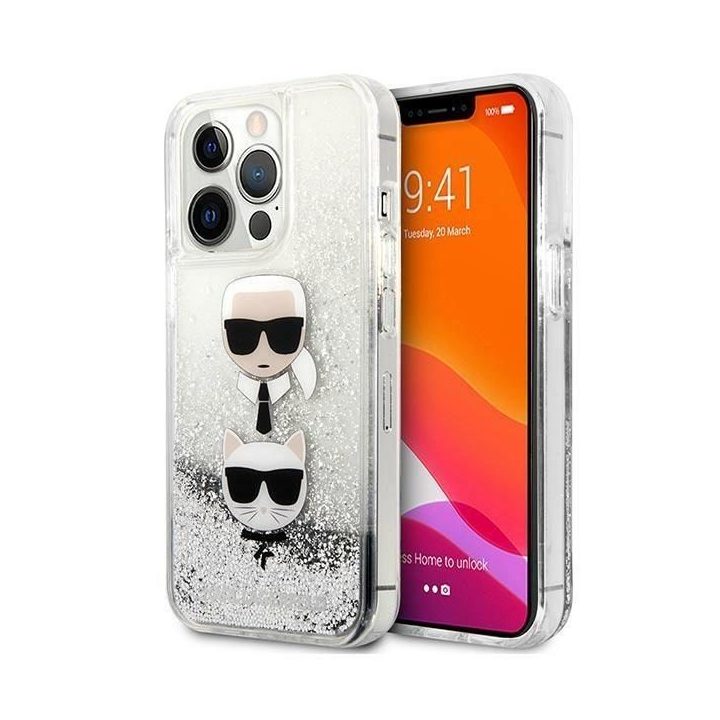 Karl Lagerfeld KLHCP13XKICGLS iPhone 13 Pro Max 6,7 sidabrinis deklas Liquid Glitter Karl&Choupette Head