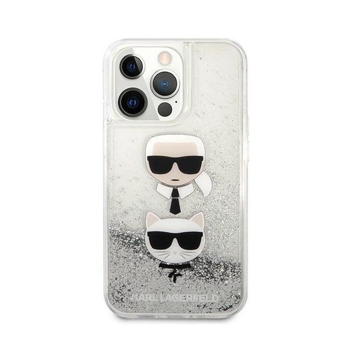 Karl Lagerfeld KLHCP13XKICGLS iPhone 13 Pro Max 6,7 sidabrinis deklas Liquid Glitter Karl&Choupette Head
