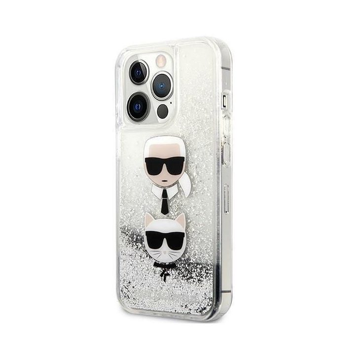 Karl Lagerfeld KLHCP13XKICGLS iPhone 13 Pro Max 6,7 sidabrinis deklas Liquid Glitter Karl&Choupette Head