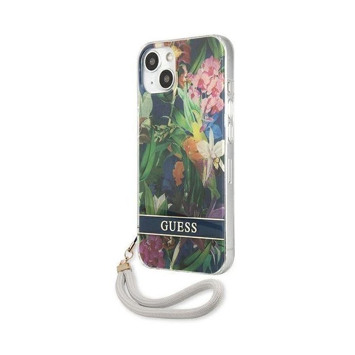 Guess GUHCP13SHFLSB iPhone 13 mini 5,4 mėlynos/mėlynos spalvos deklas su gėlių dirželiu
