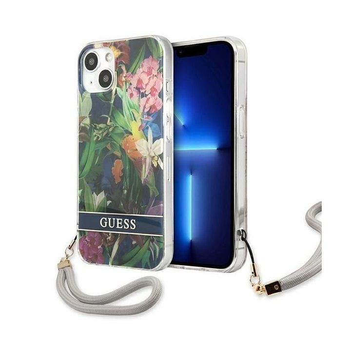 Guess GUHCP13SHFLSB iPhone 13 mini 5,4 mėlynos/mėlynos spalvos deklas su gėlių dirželiu