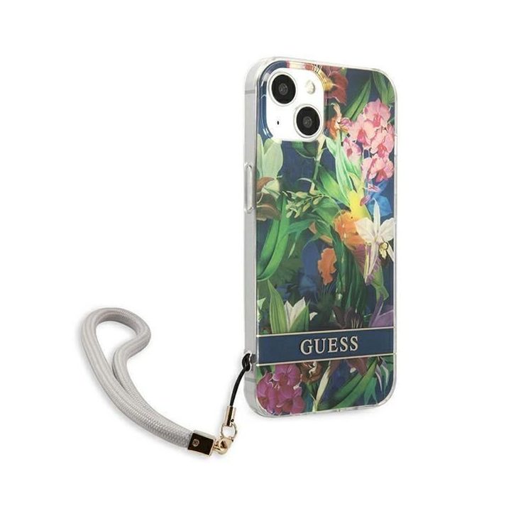 Guess GUHCP13SHFLSB iPhone 13 mini 5,4 mėlynos/mėlynos spalvos deklas su gėlių dirželiu