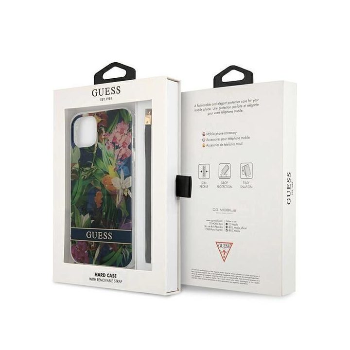 Guess GUHCP13SHFLSB iPhone 13 mini 5,4 mėlynos/mėlynos spalvos deklas su gėlių dirželiu