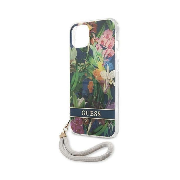 Guess GUHCP13SHFLSB iPhone 13 mini 5,4 mėlynos/mėlynos spalvos deklas su gėlių dirželiu