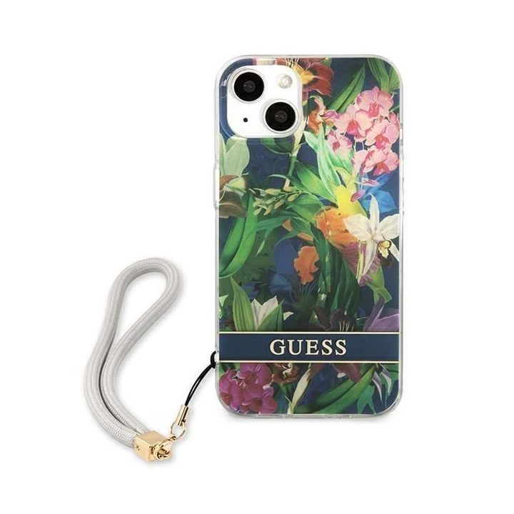 Guess GUHCP13SHFLSB iPhone 13 mini 5,4 mėlynos/mėlynos spalvos deklas su gėlių dirželiu