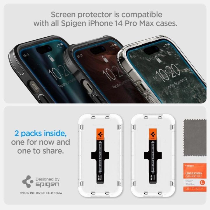 Grūdintas stiklas iPhone 14 Pro Max su Spigen Glas.tR EZ FIT aplikatoriumi (2 vnt.)