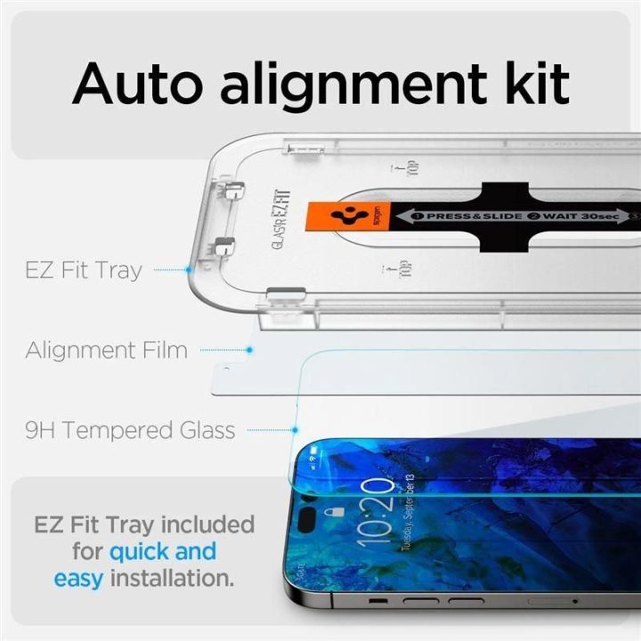 Grūdintas stiklas iPhone 14 Pro Max su Spigen Glas.tR EZ FIT aplikatoriumi (2 vnt.)